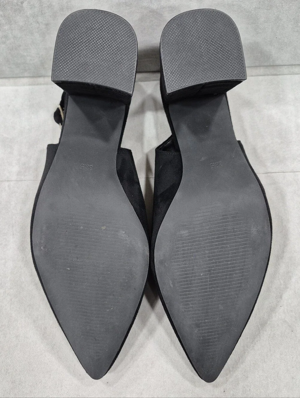 Mostrin sling back pumps women's 38.5 US 8 black suede point toe block heels